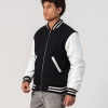 Black Wool Body & White Leather Sleeves Letterman Jacket With Zipper