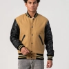 Camel Wool Body & Black Leather Sleeves Letterman Jacket