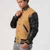 Camel Wool Body & Black Leather Sleeves Letterman Jacket