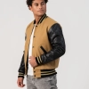 Camel Wool Body & Black Leather Sleeves Letterman Jacket