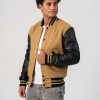 Camel Wool Body & Black Leather Sleeves Letterman Jacket