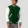 Kelly Green Wool Body & White Leather Sleeves Letterman Jacket With Zipper