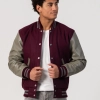 Maroon Body & Grey Leather Sleeves Letterman Jacket