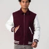 Maroon Body & White Sleeves Letterman Jacket With Byron Collar & Zipper