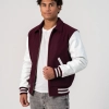 Maroon Body & White Sleeves Letterman Jacket With Byron Collar & Zipper