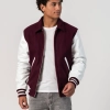 Maroon Body & White Sleeves Letterman Jacket With Byron Collar & Zipper