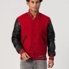 Scarlet Red Body & Black Sleeves Letterman Jacket With Feathered Knit Trim