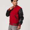 Scarlet Red Body & Black Sleeves Letterman Jacket With Feathered Knit Trim