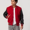 Scarlet Red Body & Black Sleeves Letterman Jacket With Feathered Knit Trim