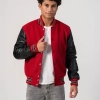 Scarlet Red Body & Black Sleeves Letterman Jacket With Feathered Knit Trim