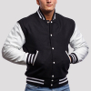 Black Wool & White Genuine Leather Varsity Letterman Jacket