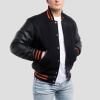 Black Wool Body & Black Leather Sleeves with Orange Stripes Letterman Jacket