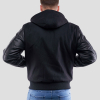 Black Wool Body & Black Leather Sleeves Hoodie Letterman Jacket