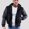 Black Wool Body & Black Leather Sleeves Hoodie Letterman Jacket