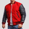 Scarlet Red Wool & Black Genuine Leather Varsity Letterman Jacket