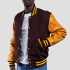 Brown Wool Body & Bright Gold Leather Sleeves Letterman Jacket