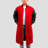 Scarlet Wool Body & Black Leather Sleeves Letterman Coat