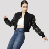 Black Wool & Black Leather Letterman Crop Top Jacket