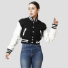 Black Wool & Bright White Leather Letterman Crop Top Jacket