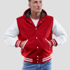 Scarlet Wool Body & Bright White Sleeves Hoodie Letterman Jacket