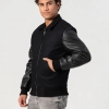 Black Body & Faux Leather Sleeves Jacket with Zipper and Byron Collar