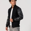 Black Melton Wool Body & Faux Leather Sleeves Jacket with Zipper