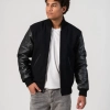 Black Melton Wool Body & Faux Leather Sleeves Jacket with Zipper