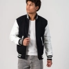 Black Wool Body & White Vinyl Sleeves Letterman Jacket With Zipper