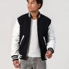 Black Wool Body & White Vinyl Sleeves Letterman Jacket With Zipper