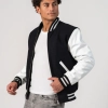 Black Wool Body & White Vinyl Sleeves Letterman Jacket With Zipper