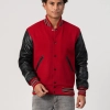 Scarlet Red Body & Black Faux Leather Sleeves Letterman Jacket With Feathered Knit Trim