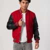 Scarlet Red Body & Black Faux Leather Sleeves Letterman Jacket With Feathered Knit Trim