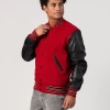 Scarlet Red Body & Black Faux Leather Sleeves Letterman Jacket With Feathered Knit Trim