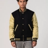 Black Melton Wool Body & Vegas Gold Faux Leather Sleeves Letterman Jacket