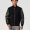 Black Melton Wool Body & Cowhide Leather Sleeves Jacket with Zipper.