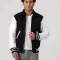 Black Body & White Leather Sleeves Letterman Jacket With Byron Collar and Zipper