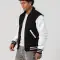 Black Body & White Leather Sleeves Letterman Jacket With Byron Collar and Zipper