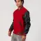 Scarlet Red Body & Black Sleeves Letterman Jacket With Feathered Knit Trim.