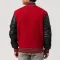 Scarlet Red Body & Black Vinyl Sleeves Letterman Jacket With Feathered Knit Trim