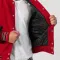 Scarlet Red Body & Black Vinyl Sleeves Letterman Jacket With Feathered Knit Trim