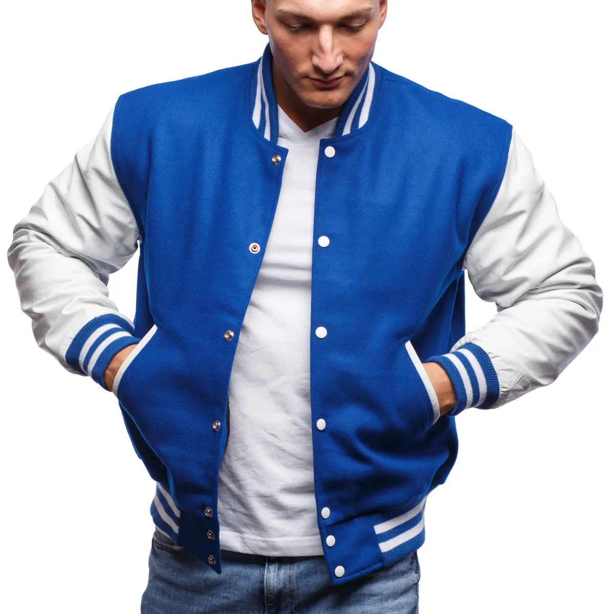 Varsity Wool Letterman Blue Wool with Genuine White Leather Sleeves Top Quality 