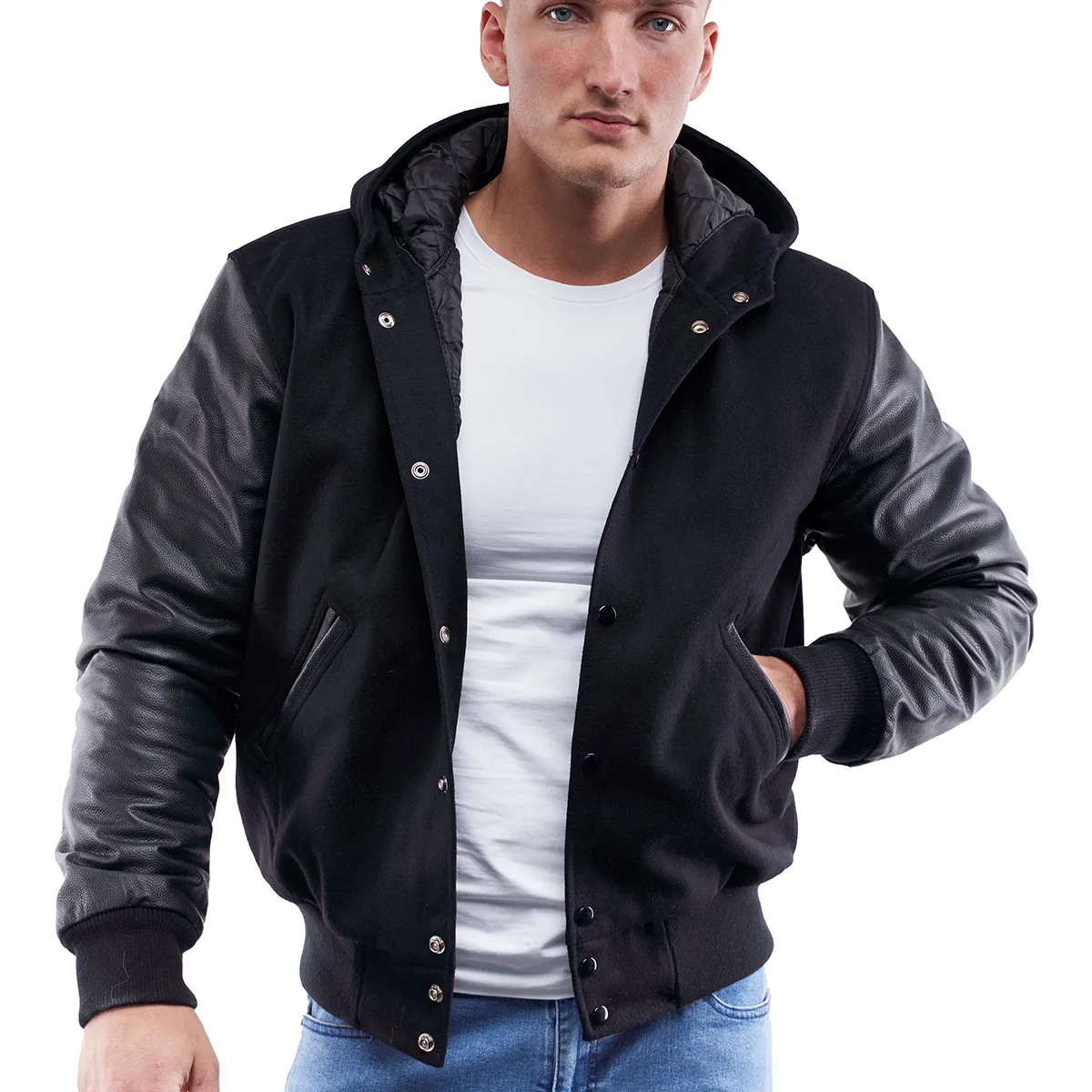 Mens Hoodie Real Leather Long Sleeve Wool Body Quilted Letterman Varsity Jacket