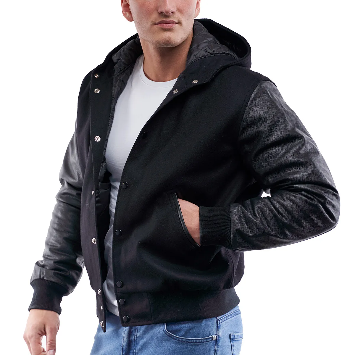 Mens Hoodie Real Leather Long Sleeve Wool Body Quilted Letterman Varsity Jacket