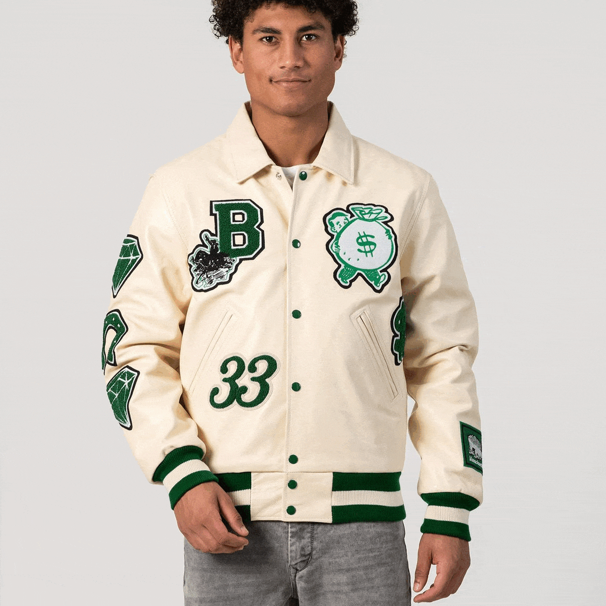 Varsity Jacket Baseball Letterman Bomber School Collage Royal Blue Wool and  Genuine Green Leather Sleeves at  Men’s Clothing store