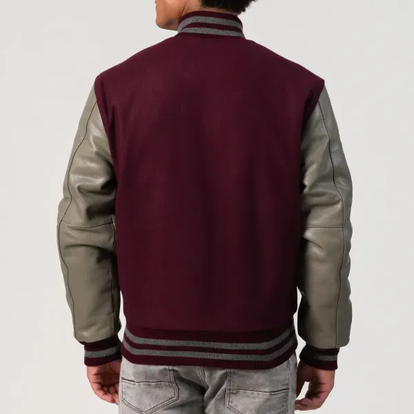 Maroon Body & Grey Faux Leather Sleeves Letterman Jacket