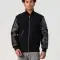 Black Melton Wool Body & Cowhide Leather Sleeves Jacket with Zipper