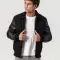 Black Body & Cowhide Leather Sleeves Jacket with Zipper and Byron Collar