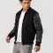 Black Body & Cowhide Leather Sleeves Jacket with Zipper and Byron Collar