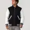 Black Body & White Leather Sleeves Letterman Jacket With Byron Collar and Zipper