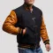 Black Wool & Old Gold Genuine Leather Varsity Letterman Jacket